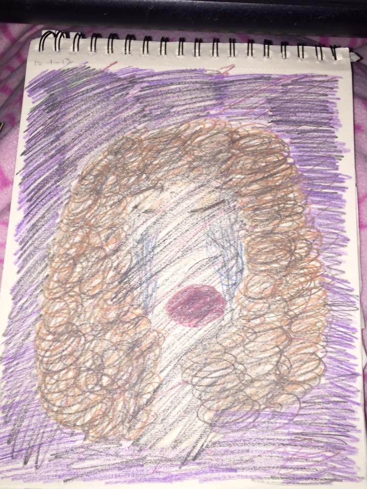 drawing of a woman with blonde curly hair crying with a dark and purple shading across the image