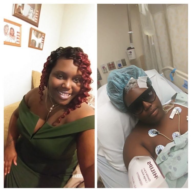 side by side photos of woman wearing dress and her in the hospital
