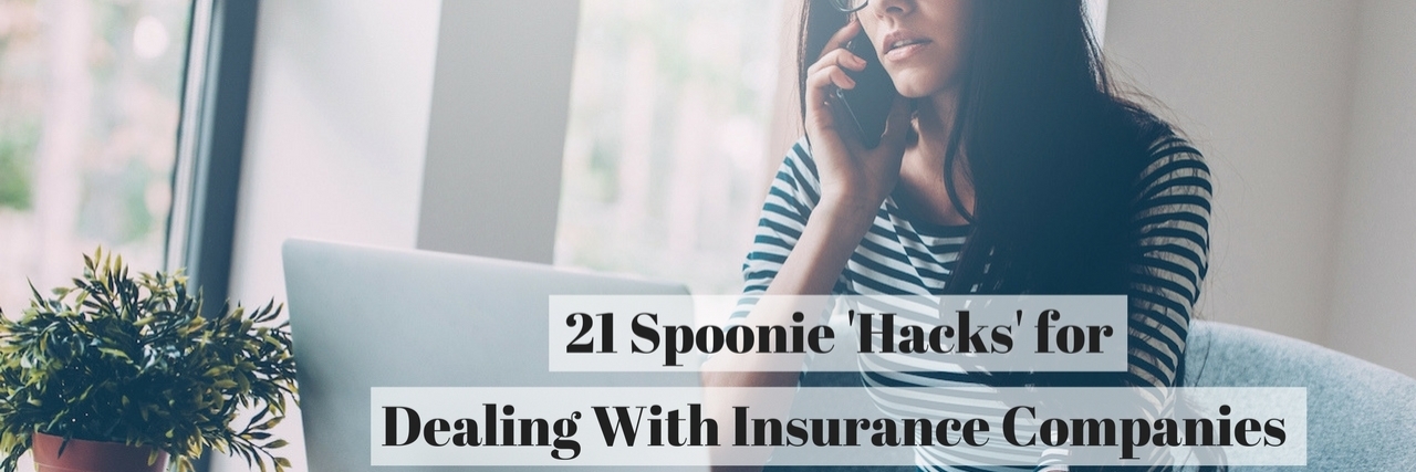 photo of woman on the phone, with text 21 spoonie hacks for dealing with insurance companies