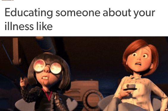 the incredibles edna mode with fire in glasses and mrs incredible looking shocked, text educating someone about your conditions like