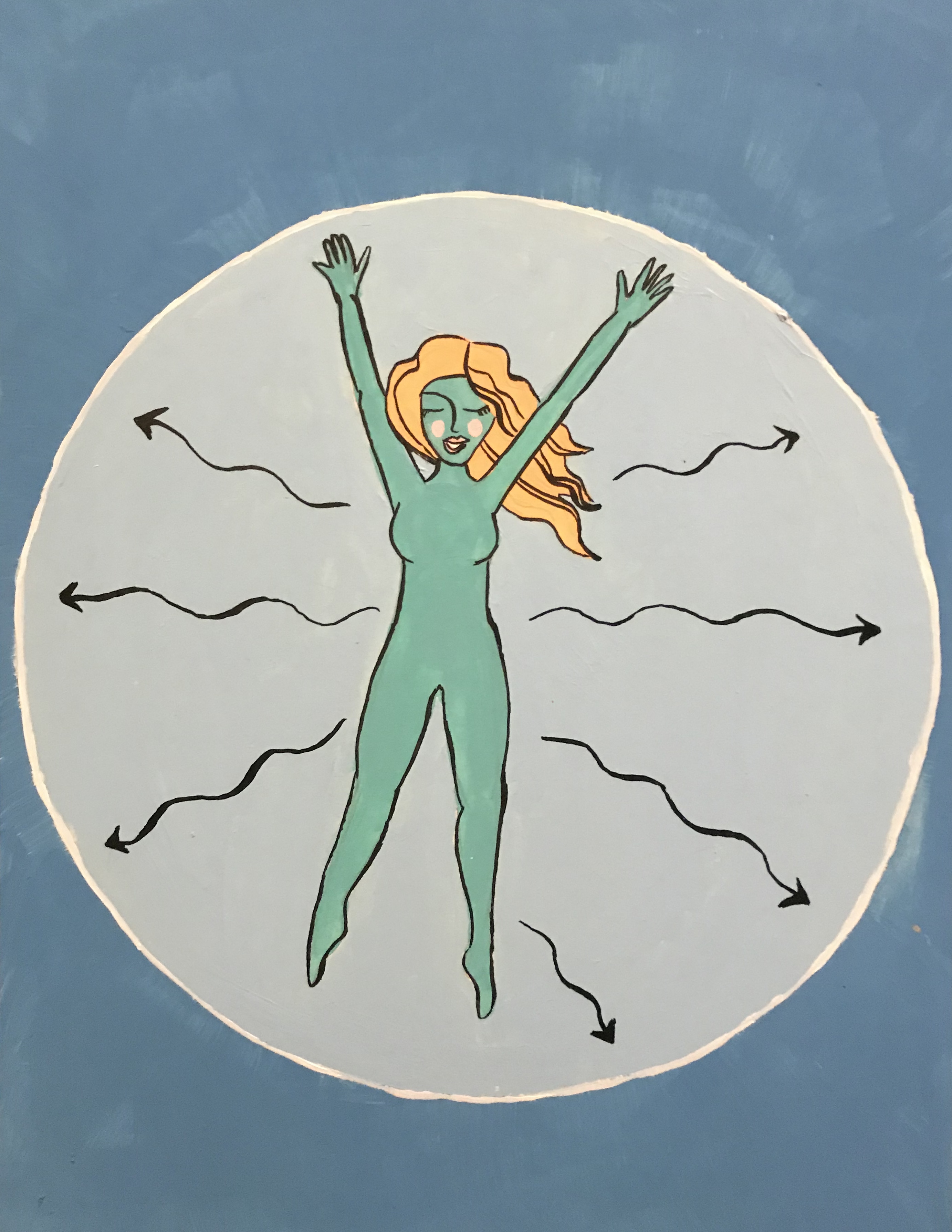 illustration of a girl stretching out her arms and legs in an expanding bubble