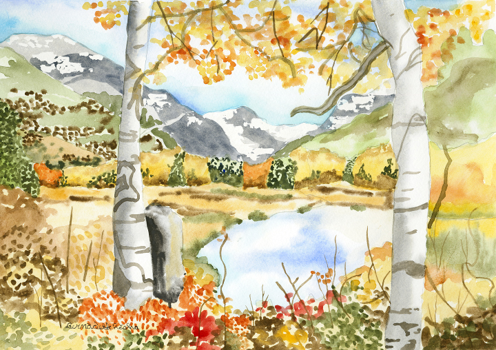 Outdoor scene painting, fall colors, trees, a lake, mountains in distance