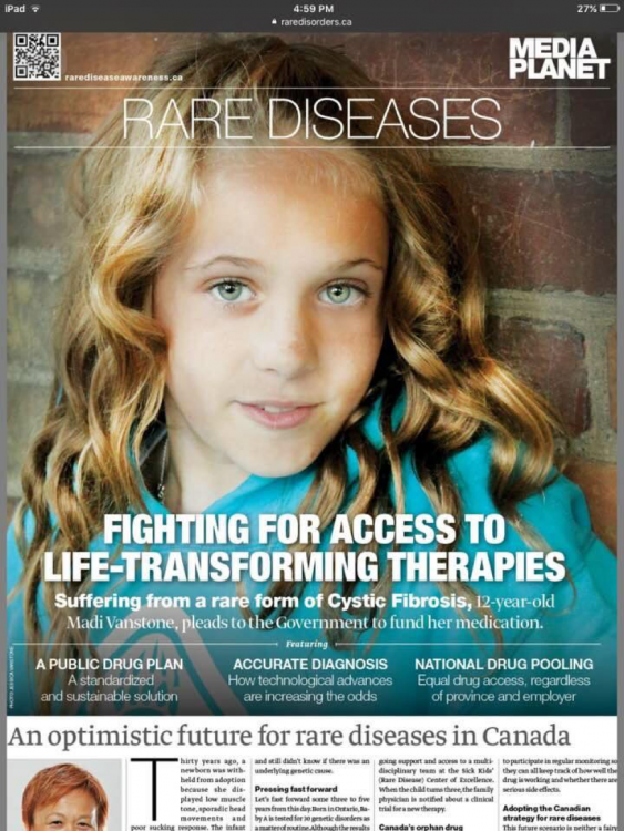 Beth's daughter on the cover of a Canadian publication about rare disease therapies