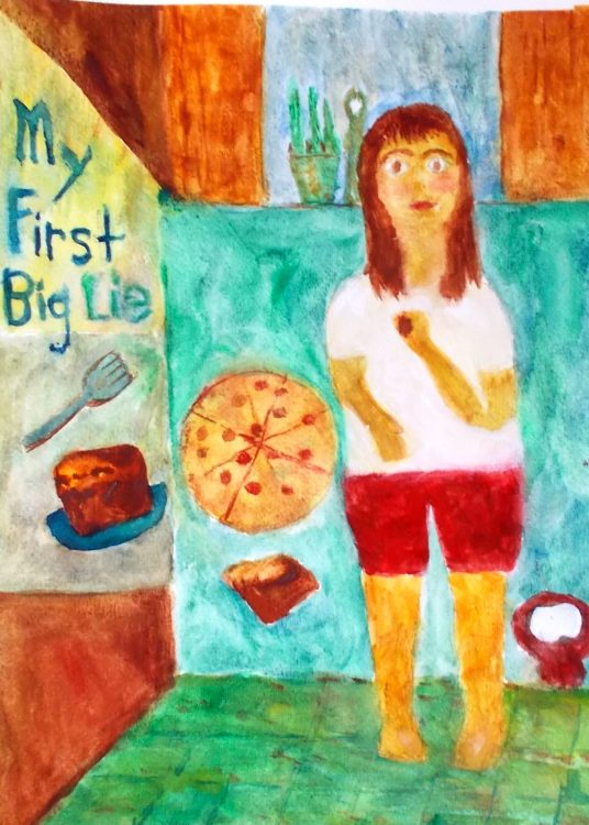 A woman standing next to pizza and other food items