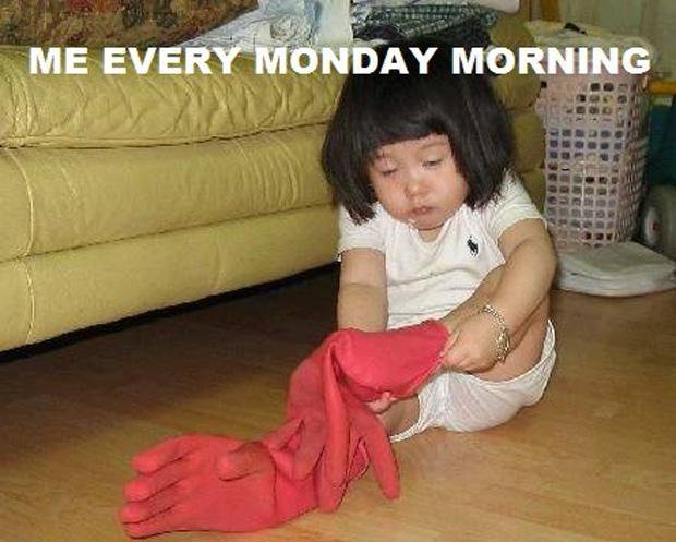 me every monday morning, with an image of a young girl putting rubber gloves on her feet
