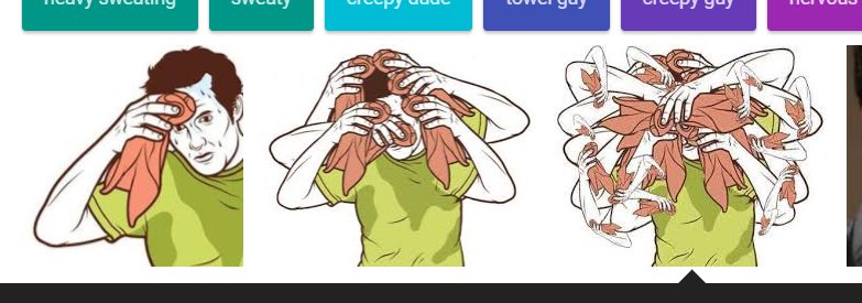 three images of a man with progressively more arms wiping sweat away from his face with towels