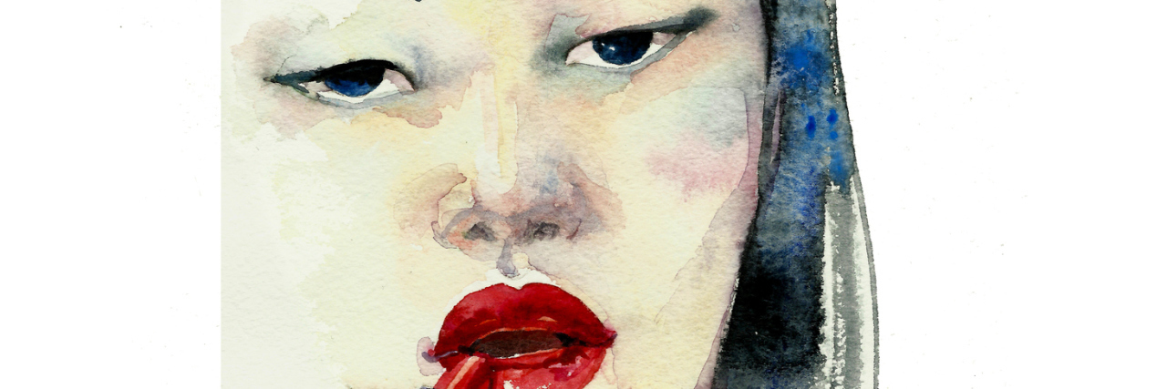 Abstract watercolor portrait of pretty asian girl with red lipstick
