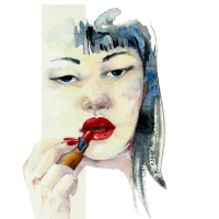 Abstract watercolor portrait of pretty asian girl with red lipstick