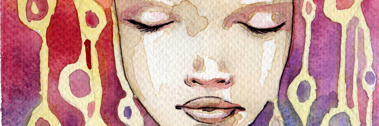 How I Felt After Receiving an Ehlers-Danlos Syndrome Diagnosis watercolor painting of a woman with colorful hair and eyes closed