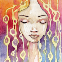 watercolor painting of a woman with colorful hair and eyes closed