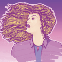 A young girl with her hair blowing in the wind, with a marker (or paint) background and textures.