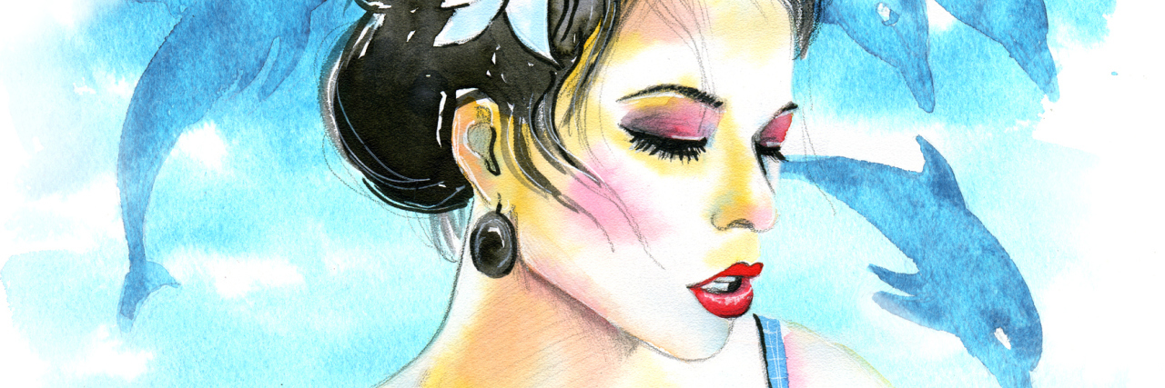 Why I'm Thankful to Be Diagnosed With Hypothyroidism watercolor illustration of a woman with dark hair wearing a blue dress with dolphins in the background