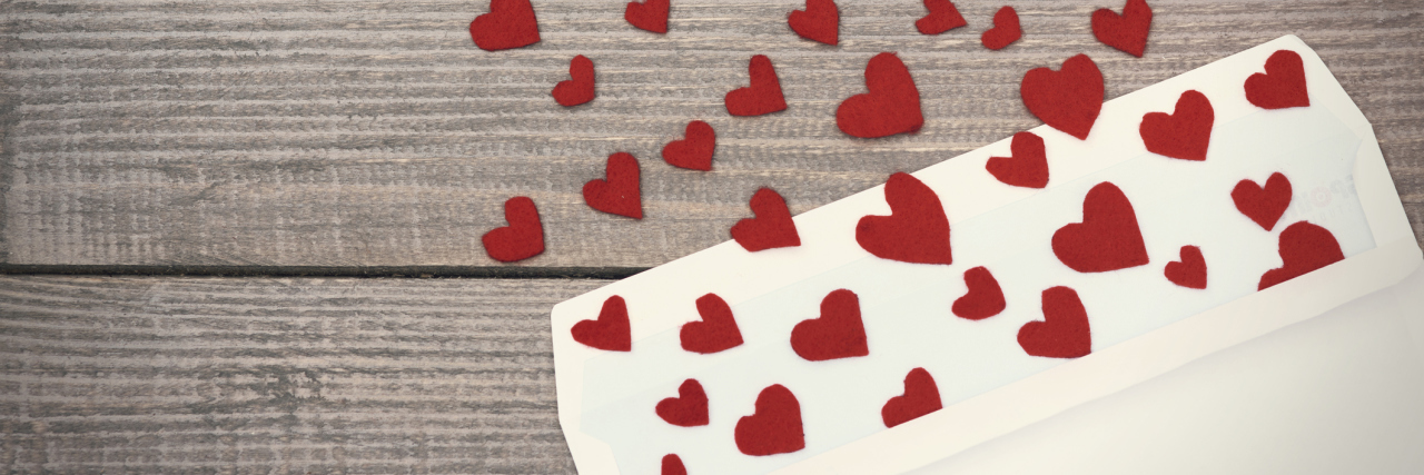 To My Loved Ones, Who Support Me in My Battle With Gastroparesis envelope with red hearts spilling out