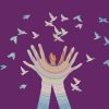 colorful illustration of hands releasing birds against a purple background