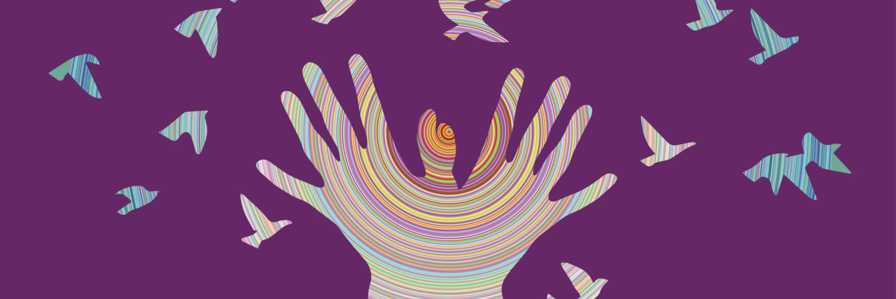 colorful illustration of hands releasing birds against a purple background