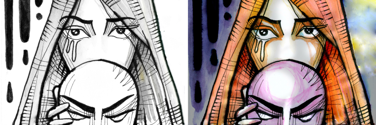 When You're 'the Sick One Now' A woman crying as she pulls off a mask.