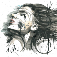 A watercolor image of a woman with dark hair.