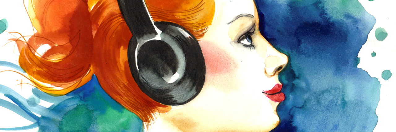 watercolor painting of a woman with red hair wearing headphones
