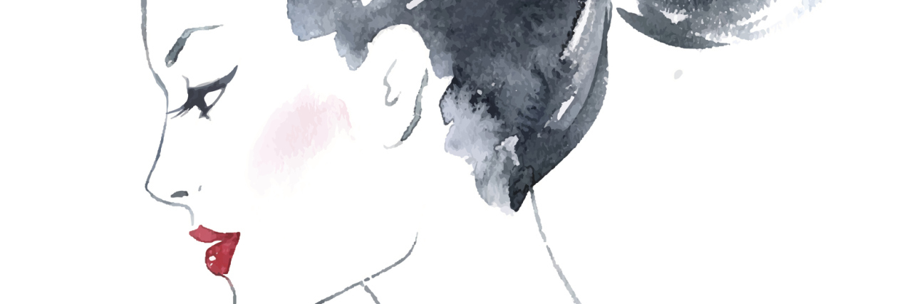 watercolor painting of a woman with dark hair in a bun