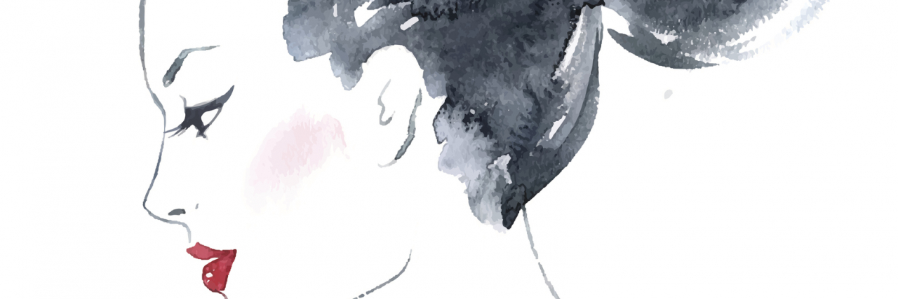I Don't Fit the Stereotype of a Depressed Person watercolor painting of a woman with dark hair in a bun