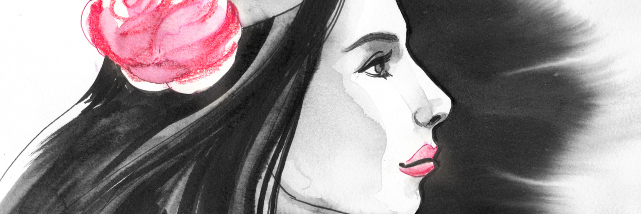 5 Positive Traits of My Borderline Personality Disorder Ink sketch of a beautiful woman profile with a red rose in the hair