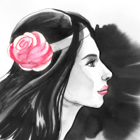 Ink sketch of a beautiful woman profile with a red rose in the hair
