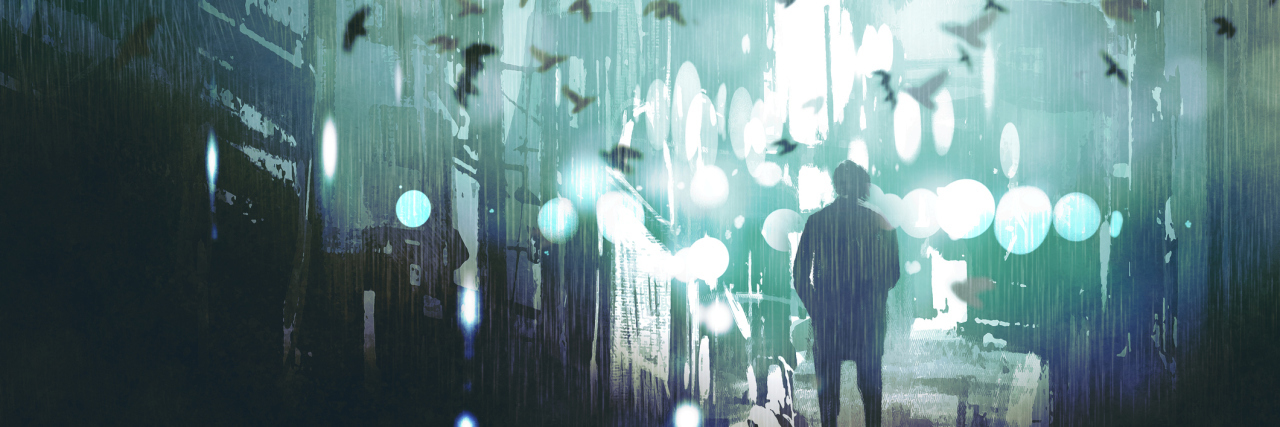 man walking in abandoned city alley with flock of birds,illustration painting