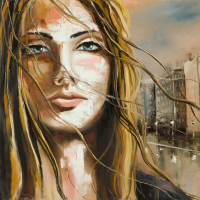A fantasy young teenage girl portrait with an abstract city on a background.