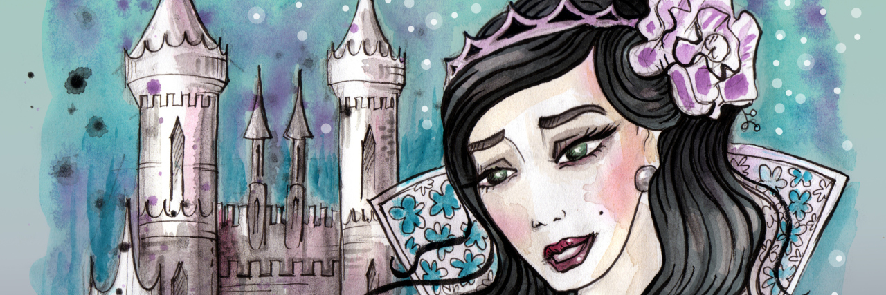 Watercolor illustration of imaginary princess with dark hair and her castle behind. Hand drawn illustration digitally colored