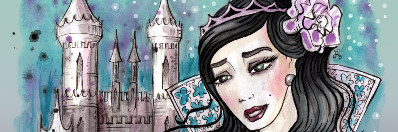 I'm the ‘Queen of Overthinking.' What It's Like to Be in My Head Watercolor illustration of imaginary princess with dark hair and her castle behind. Hand drawn illustration digitally colored