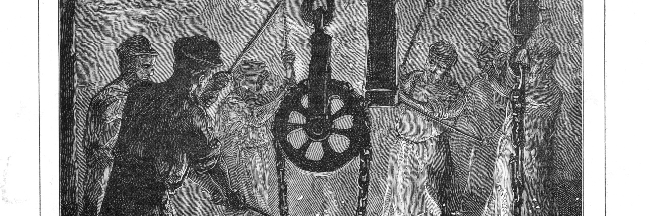 Capitalism and Modern Conceptions of Disability A 19th century illustration entitled "The Forging of the Anchor' depicts men with their hammers striking a vast hot metal anchor in a foundry with pulleys.