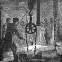A 19th century illustration entitled "The Forging of the Anchor' depicts men with their hammers striking a vast hot metal anchor in a foundry with pulleys.