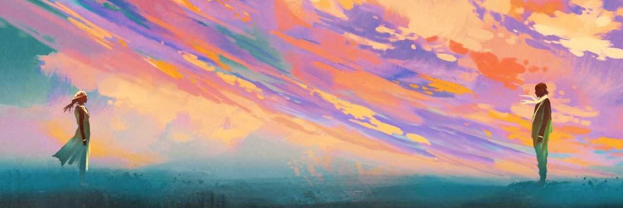 man and woman standing opposite of each other against colorful sky,illustration painting