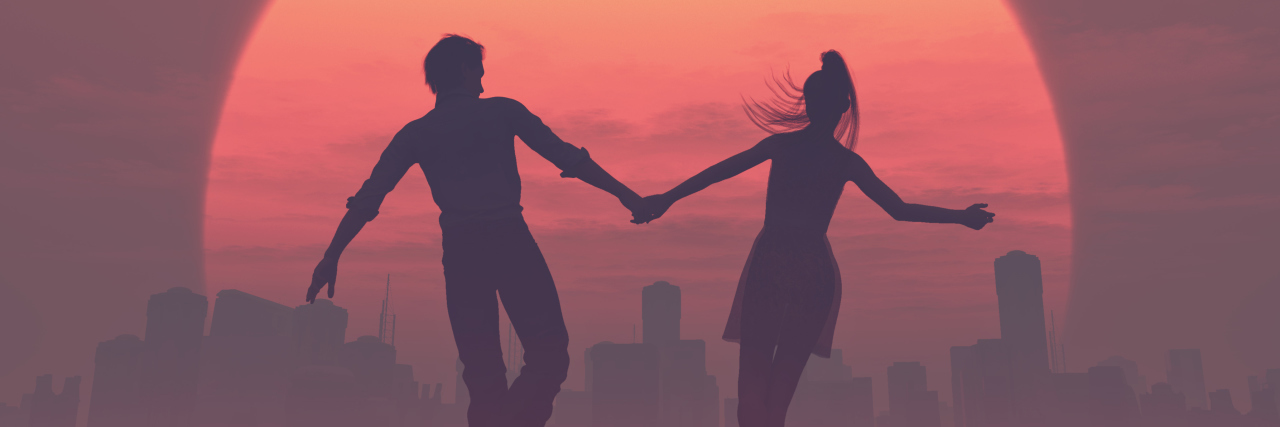 vector illustration of silhouettes of romantic couple against sunset