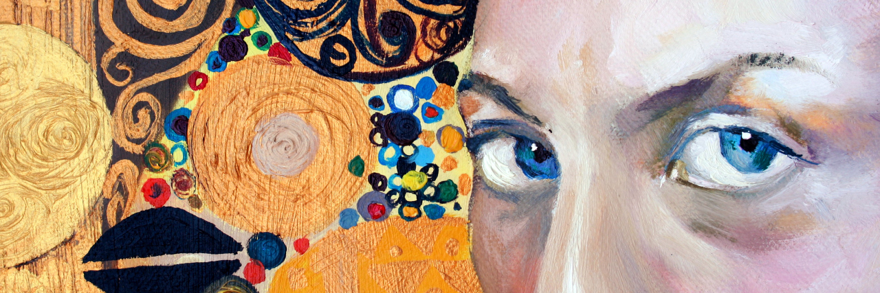 A painting of a woman's eyes close-up with a colorful abstract background.