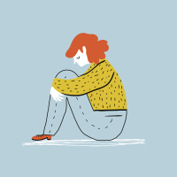 Sad and depressed girl sitting on the floor. Creative vector illustration.