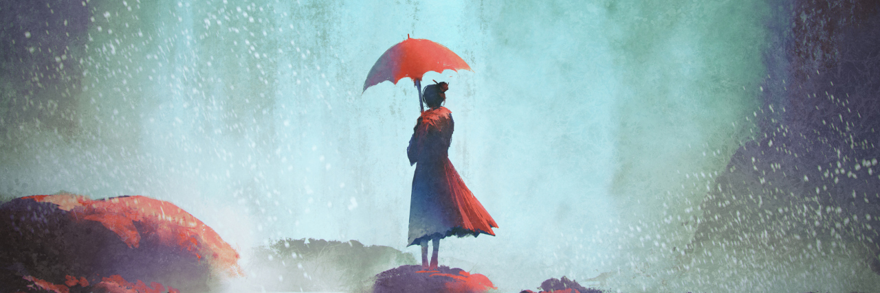 woman with an umbrella standing against waterfall, illustration painting