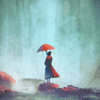 woman with an umbrella standing against waterfall, illustration painting