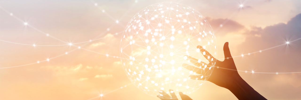A Message for Doctors and Patients on Rare Disease Day Abstract science, circle global network connection in hands on sunset background