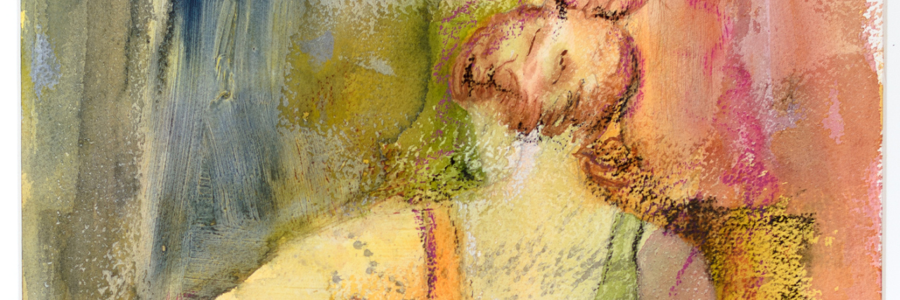 Learning to Accept My Juvenile Idiopathic Arthritis watercolor painting of a woman in a tank top sitting with her arm resting on her knee