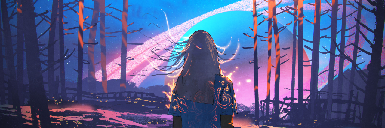 The Collective Loneliness of Cancer woman standing alone in forest with fictional background