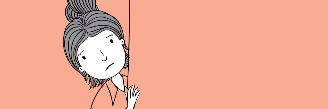 illustration of a woman peeking behind a wall. Her dress is the same color as the wall paper, so she blends in