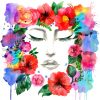 illustration of woman's face with closed eyes surrounding by a ring of colorful flowers