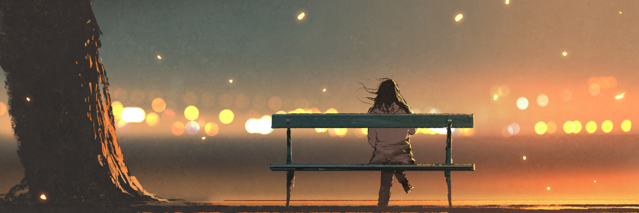 back view of young woman sitting on a bench with bokeh light, digital art style, illustration painting