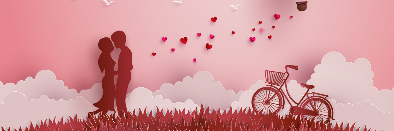 illustration of a couple hugging outside in a meadow with pink hearts around them