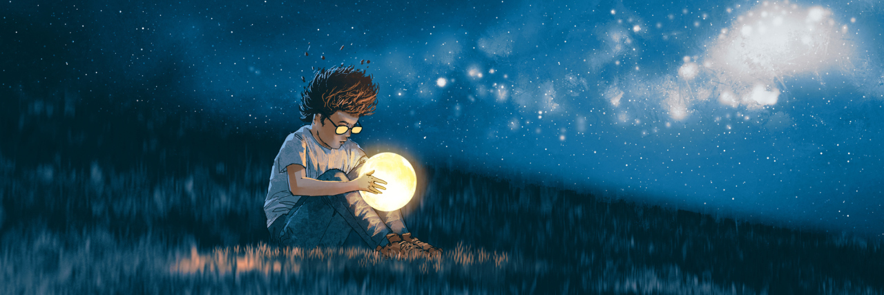 I Was Raped as a Child, and I Choose to Take My Life Back night scene showing young boy with a little moon in his hands sitting on meadow, digital art style, illustration painting