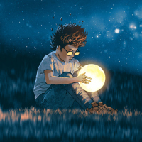 night scene showing young boy with a little moon in his hands sitting on meadow, digital art style, illustration painting
