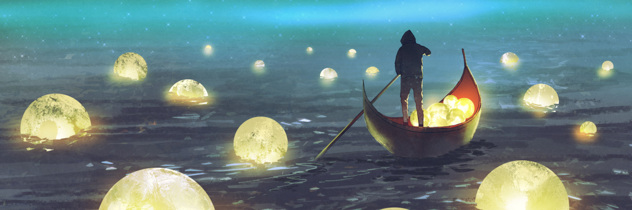 The Symptom of Borderline Personality Disorder You Can't See night scenery of a man rowing a boat among many glowing moons floating on the sea, digital art style, illustration painting