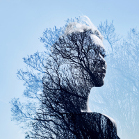 double exposure of woman in profile and trees