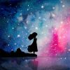 A watercolor image of a silhouette girl looking up at the stars.